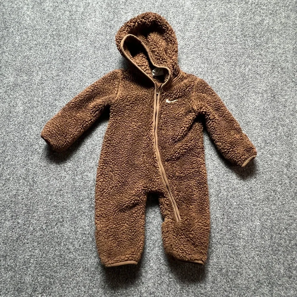 Nike Baby Sherpa Fleece Hooded Romper Brown 6M One Piece Bunting Zip Up